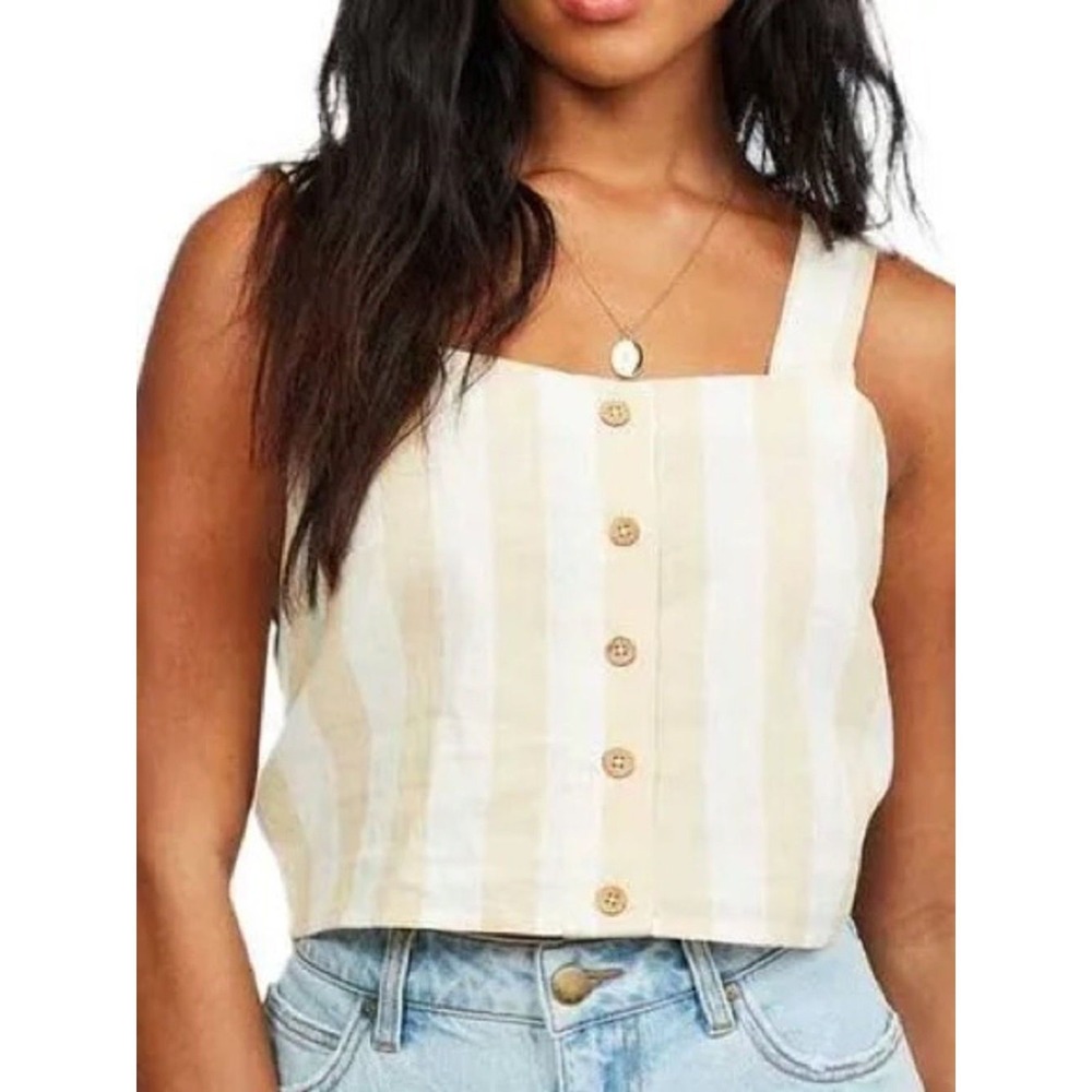 Billabong East Side Striped Button Front Crop Top Tan White Medium Cotton Linen